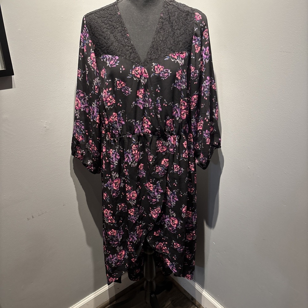Torrid Black Chiffon Floral Dress Sheer High Low Hem Lace Bodice‎ Whimsical 2XL